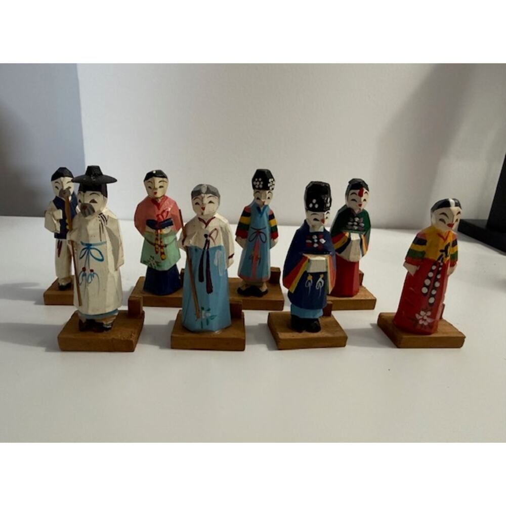 Vtg Korean Traditional Dress Hand Carved Wood Figurines Place Card Holders